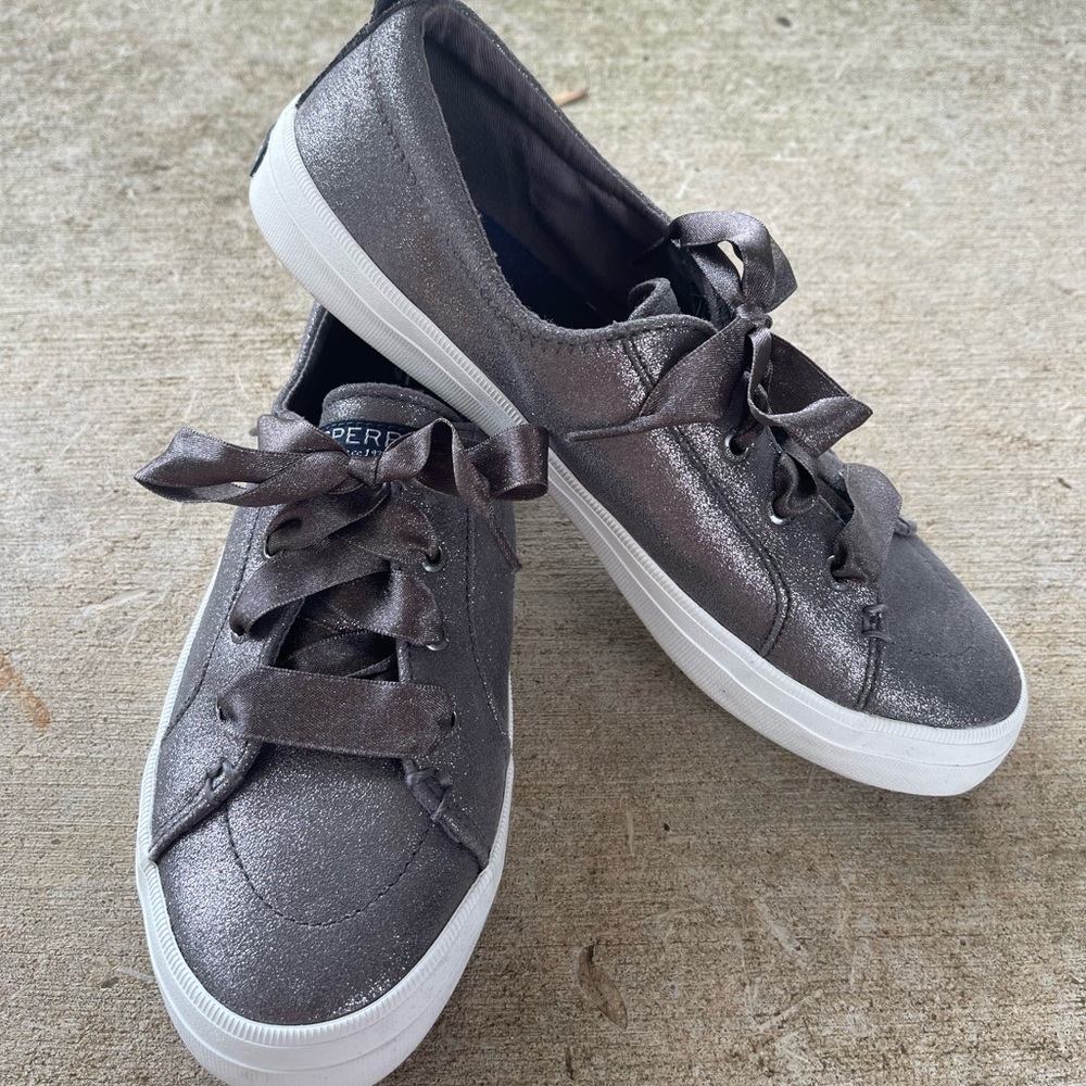 Sperry Top-Slider silver glitter shoes women's size 8.5